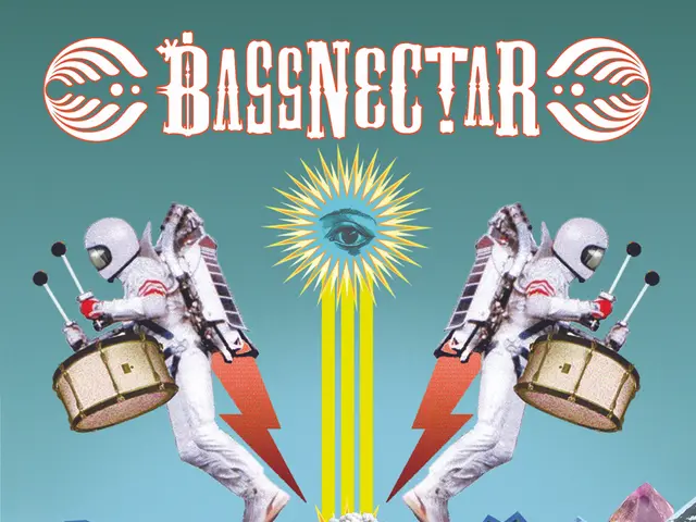 This is a poster and in this poster we can see two people, drumsticks, mountains, smoke, some...