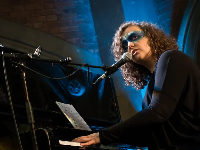 In this a woman is sitting in-front of a piano. She is looking at a side,singing. She has brown...