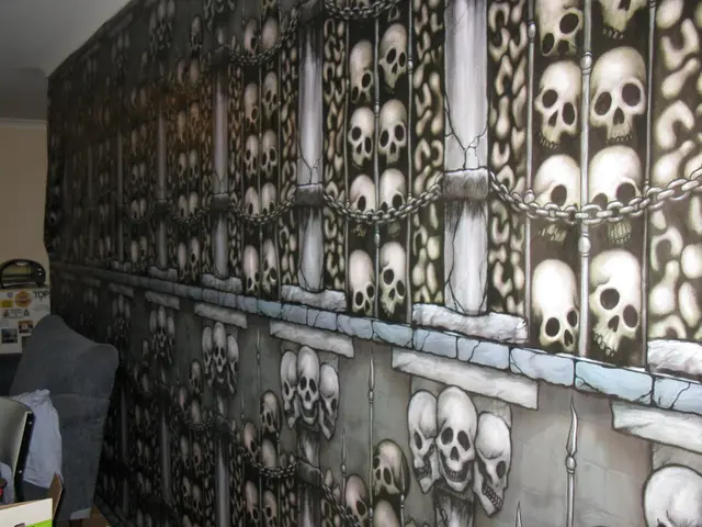 In this image we can see a wall and skull pictures on it. On the left side of the image we can see...