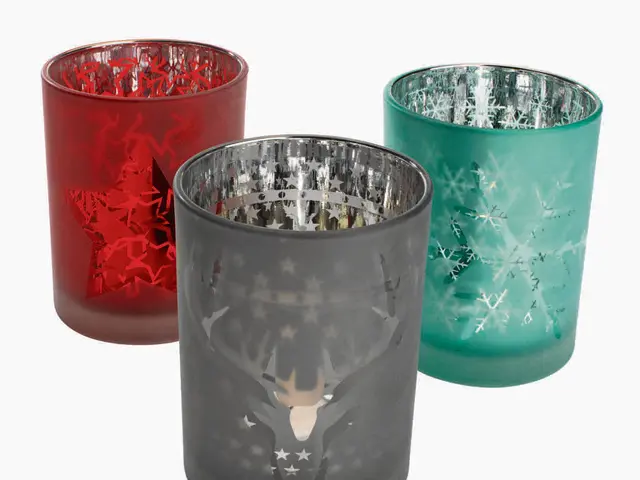 In the image we can see the glass objects of different colors with some designs.